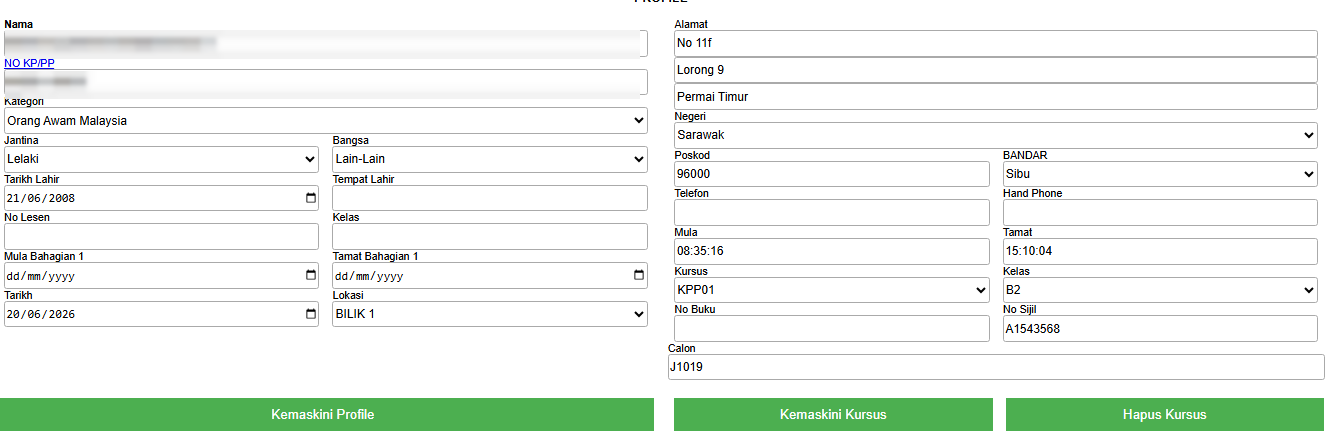 Skrin Profile pelajar — isi No Sijil &amp; No Buku, kemudian tekan Kemaskini Kursus.